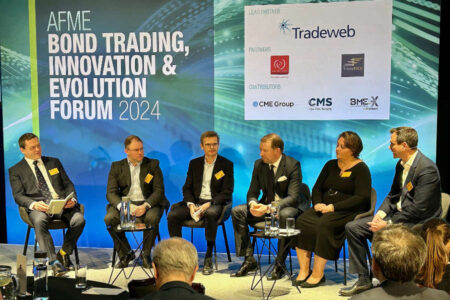 Dan Barnes, Markets Media; Matt Coupe, Barclays; Nicola Danese, Tradeweb; Juergen Klaus, European Stability Mechanism (ESM); Virginie Saade, Citadel, and David Walker, M&G Investments.